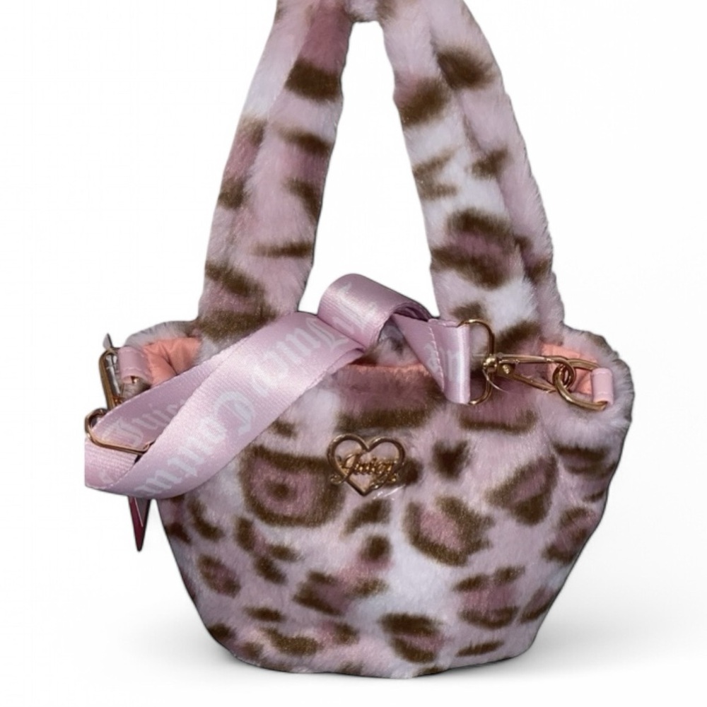 Juicy Couture Pink Leopard Faux Fur Mini Plush Tote Mini Fluffy Crossbody Bag